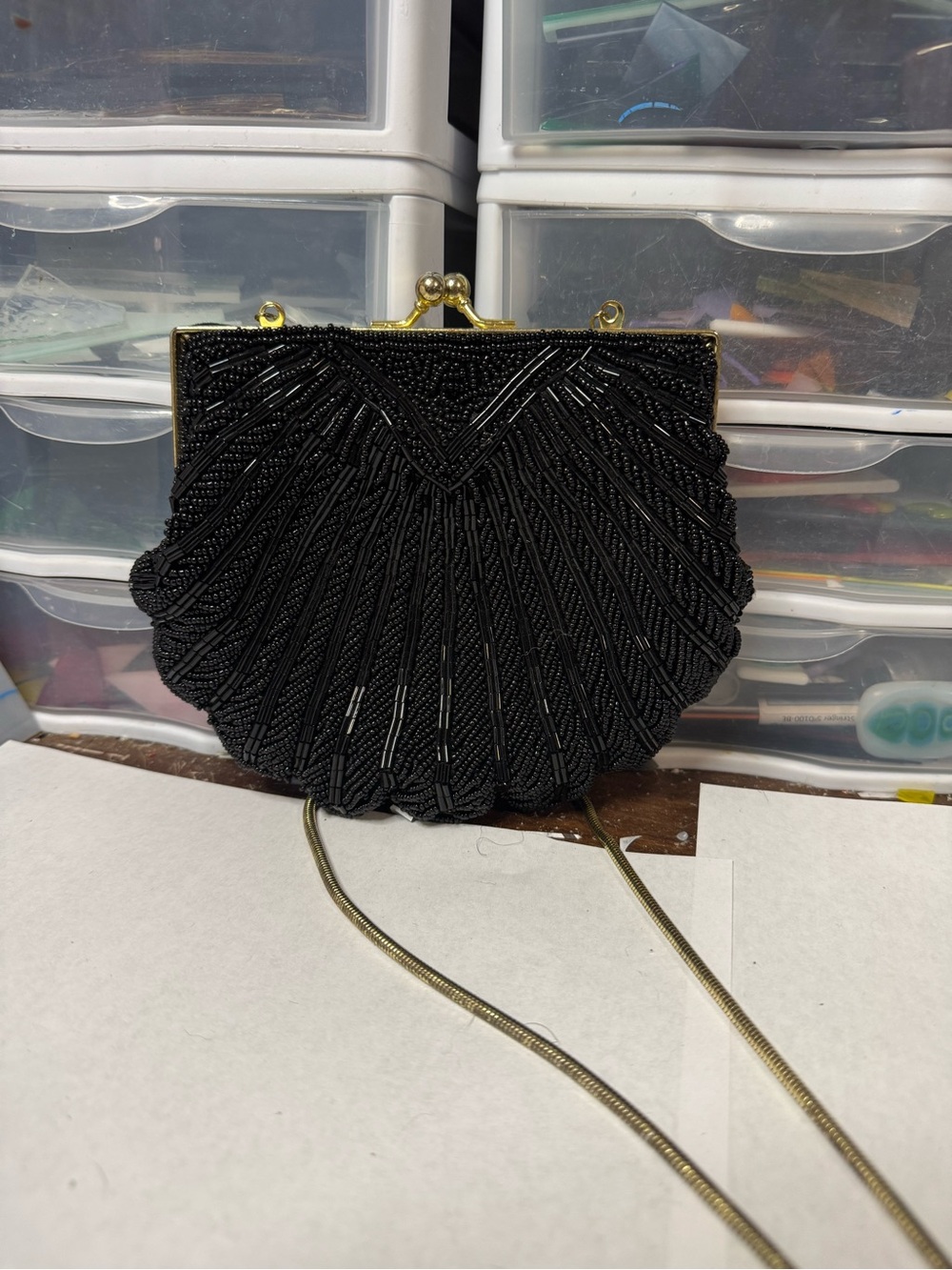 Black Beaded Evening Clutch with Gold Frame